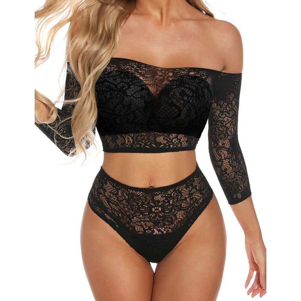 🆕 Women Black Sexy Mesh Lingerie Fishnet Babydoll Long Sleeve Bodysuit Shirts